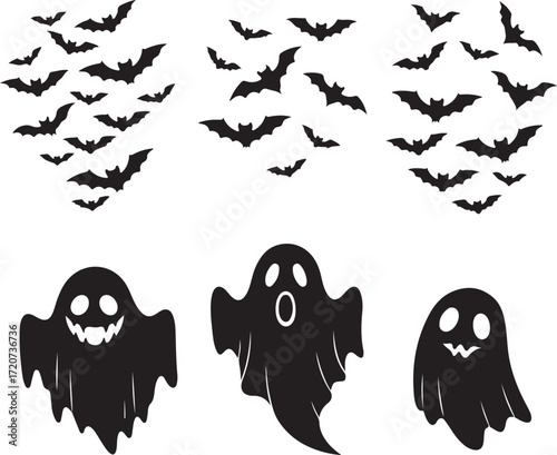 Halloween Silhouette: A haunting Halloween scene unfolds with silhouetted bats and ghosts, evoking a spooky, mysterious atmosphere.