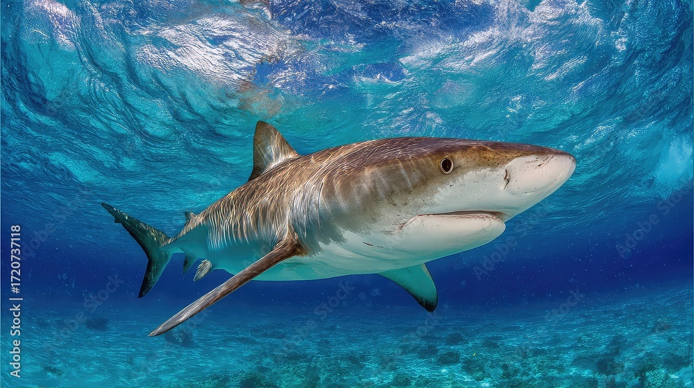 Fototapeta premium Majestic Tiger Shark Swimming Gracefully Under Crystal Clear Ocean Waters