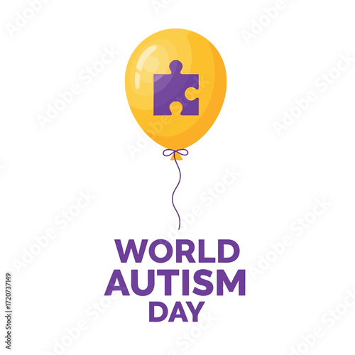 Vector illustration of yellow balloon with a purple puzzle piece symbol and text world autism day on a