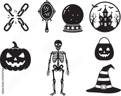 Mystical Halloween Symbols: Silhouettes of Halloween icons against a blank canvas: a broken chain, mirror, crystal ball, haunted house, Jack O'Lantern, skeleton, treat bag, and witch's hat.