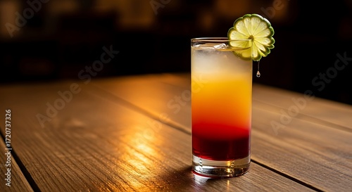A vibrant layered cocktail, featuring orange, yellow, and red hues, sits on a wooden surface, accented by a lime wedge. © Jerabang