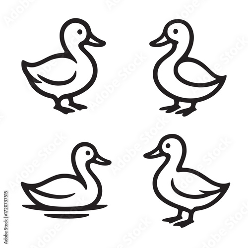 A cartoon vector illustration of a set of mallard ducks and ducklings, a farm animal family, isolated on a white background