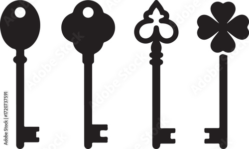 Keys Collection Silhouette: A collection of four antique keys, each with a unique intricate design, cast in stark silhouette, invites viewers to unlock the mysteries of creativity.