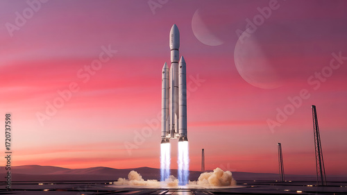 Spectacular Rocket Launch on an Alien Planet with Two Moons at Sunset Showcasing the Dawn of Space Exploration