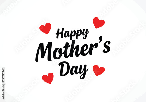 Vector illustration of happy mothers day text with small red hearts scattered around, celebrating motherhood and love on a