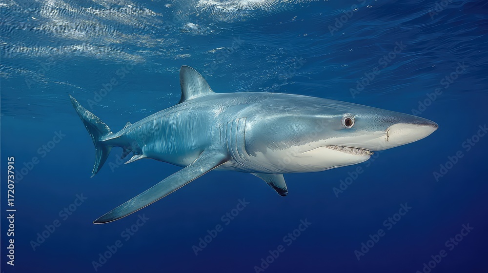 Obraz premium Majestic Blue Shark Swimming Gracefully in Clear Ocean Waters