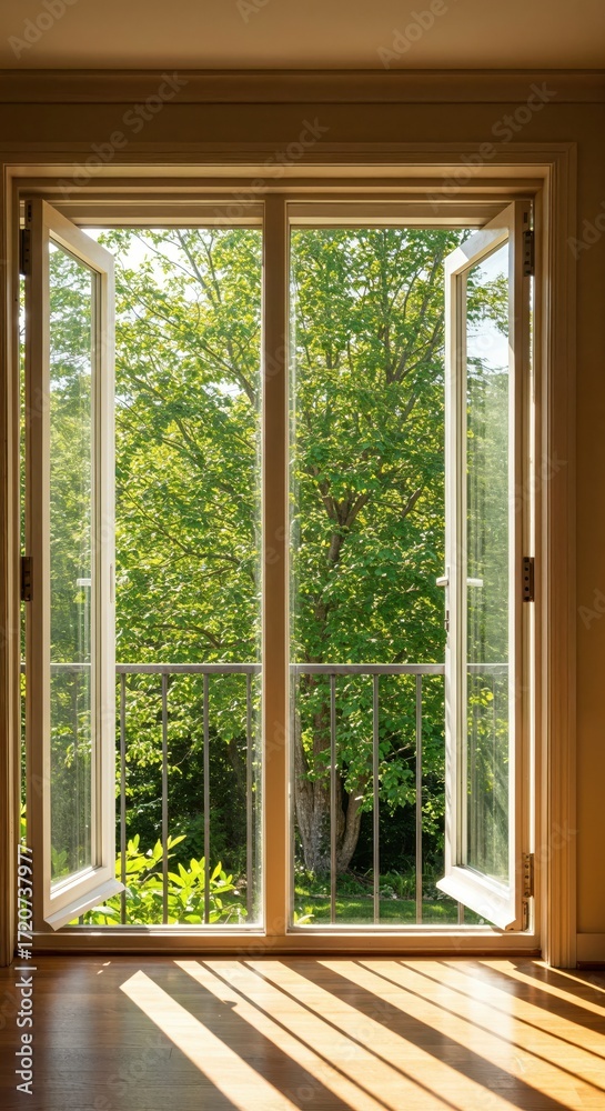 Obraz premium Open Window to Nature: An open window frames a vibrant view of lush green trees and a balcony, bathed in natural sunlight.