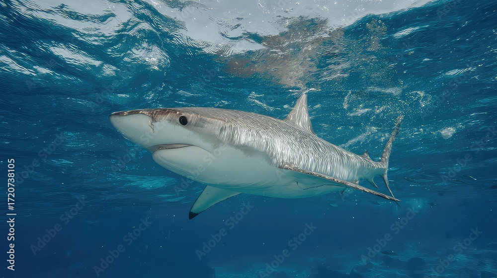 Obraz premium Majestic Shark Swimming Gracefully in Clear Blue Ocean Waters Under Bright Sunlight