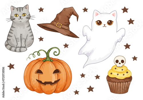 Whimsical Halloween Elements Adorable Cat, Ghost, Pumpkin Jack-o'-lantern, Witch Hat, and Spooky Cupcake Collection for Festive Decorations and Creative Projects