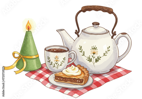 Cozy tea time illustration with teapot, mug, pie slice, candle and checkered cloth, perfect for a comforting, relaxing, vintage style or celebration scene, inviting warmth, and a pleasant gathering