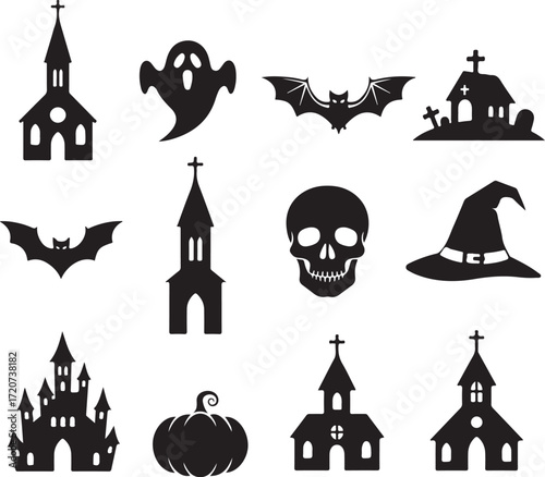 Halloween Silhouettes: Captivating vector silhouettes of a ghostly apparition, bats, spooky castles, haunted churches, and the chilling skull. Evoking the spirit of the season.