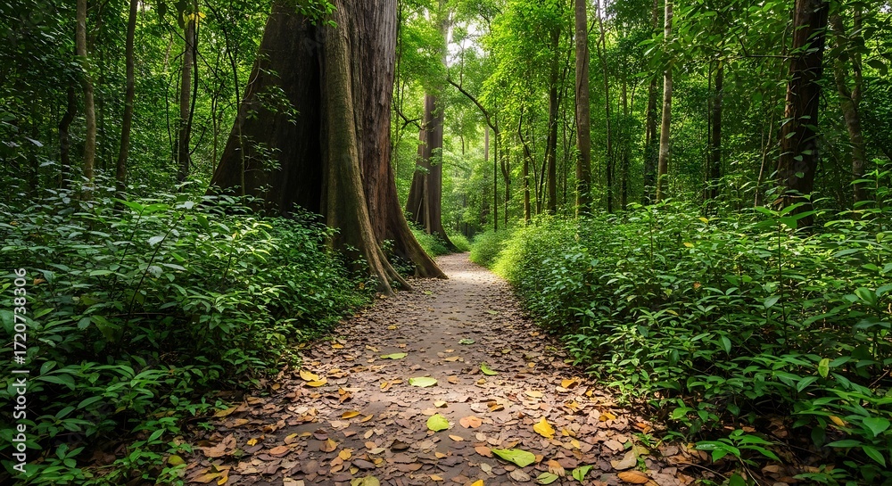 Obraz premium Explore a tranquil forest path bathed in dappled sunlight, inviting adventure and serene nature immersion.