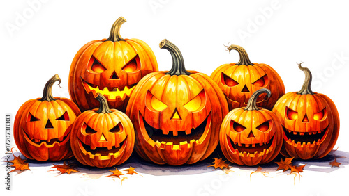 Halloween pumpkins with scary faces isolated on white background. 
