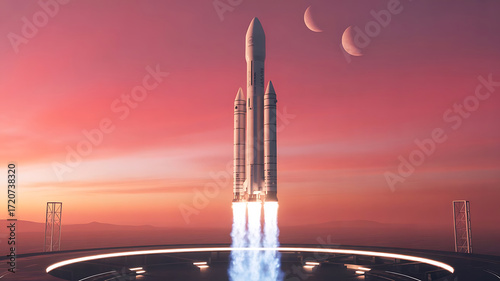 Ares I Rocket Launching at Sunset With Visible Lunar Crescents Above on Launchpad With Fiery Exhaust Stream