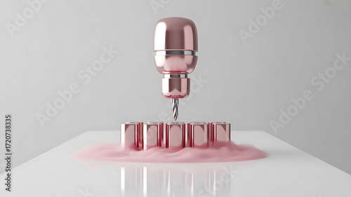 Precision Pink A Futuristic 3D Printer Crafting Miniature Metallic Cylinders Surrounded by a Soft Pink Gel on a Reflective Surface