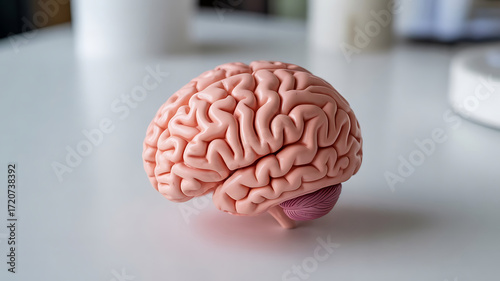 Anatomical Model of the Human Brain Detailed Pink Replica for Educational Purposes on White Background
