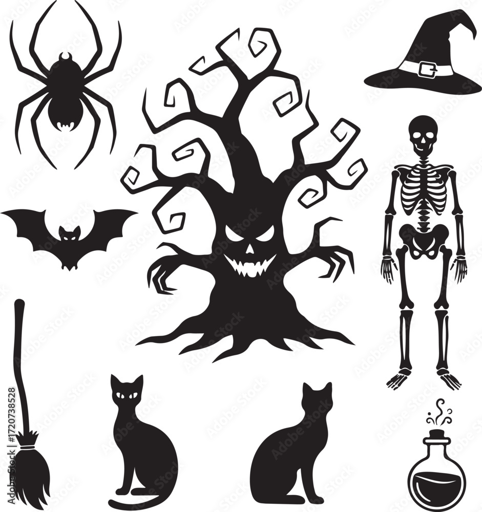 Fototapeta premium Spooky Halloween Silhouettes: A collection of meticulously crafted Halloween silhouettes, including a haunting tree, a spider, bat, skeleton, cat and more. Capturing the eerie spirit of the holiday.