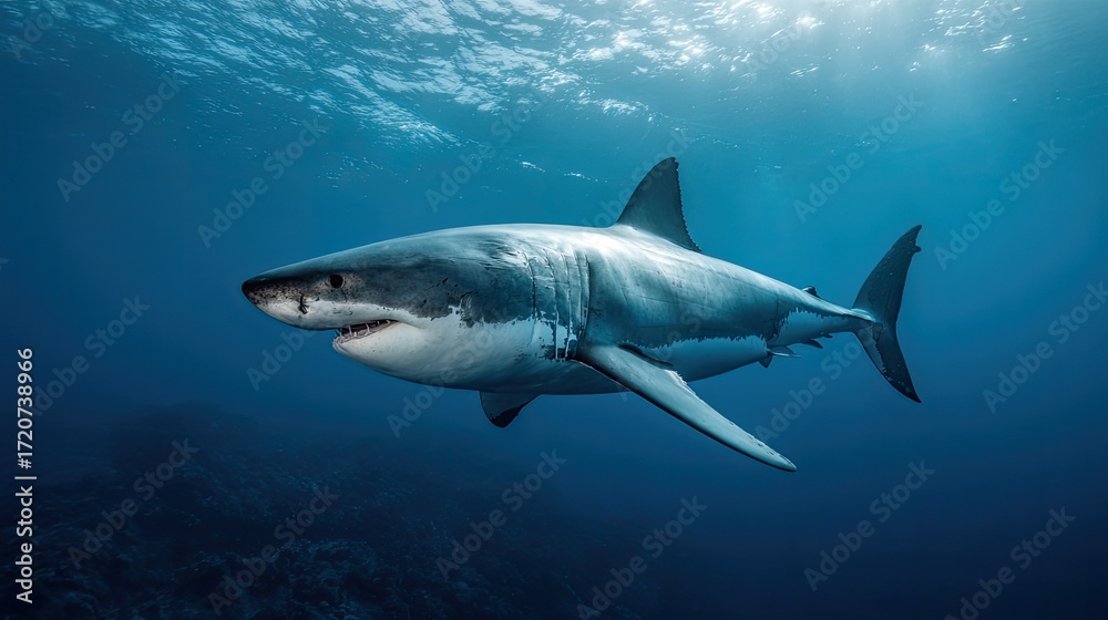 Fototapeta premium Majestic Great White Shark Swimming Gracefully Through Crystal Clear Ocean Waters