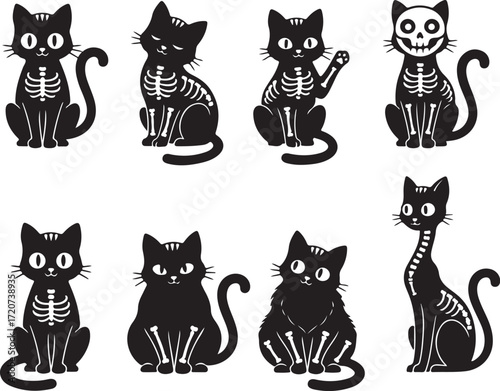 Spooky feline: A collection of whimsical black cats are depicted with skeleton-themed designs, perfect for Halloween or anyone's artistic design.