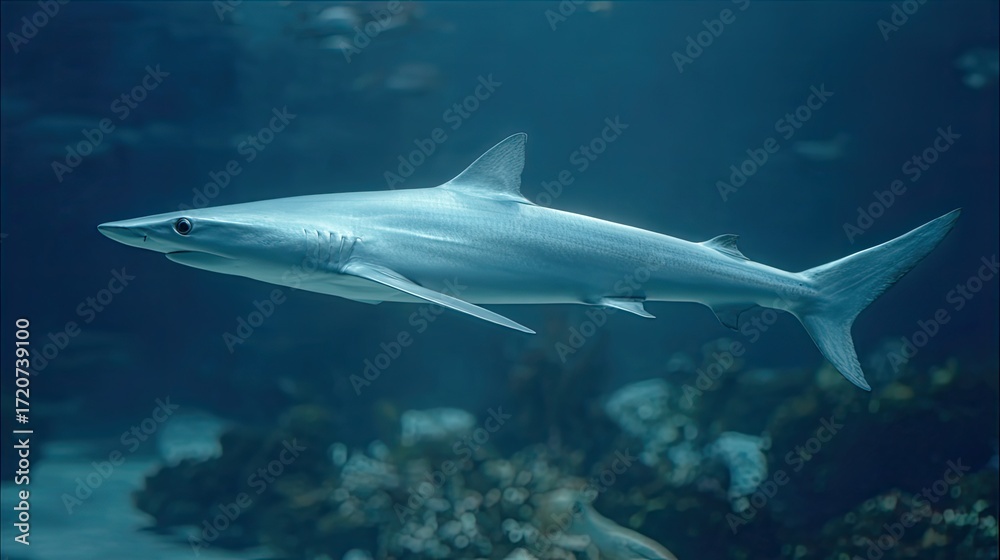 Fototapeta premium Graceful Shark Swimming in Clear Ocean Water Surrounded by Colorful Underwater Life