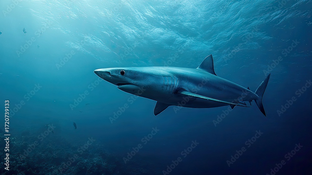 Fototapeta premium Majestic Blue Shark Swimming Gracefully Through Deep Ocean Waters Under Bright Sunlight