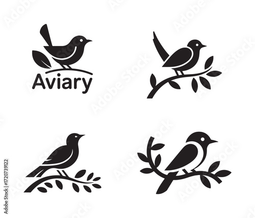 Bird Silhouettes on Branches with Aurora and Aviary Text