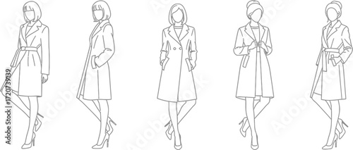 Set of sketch drawings of a woman wearing a coat