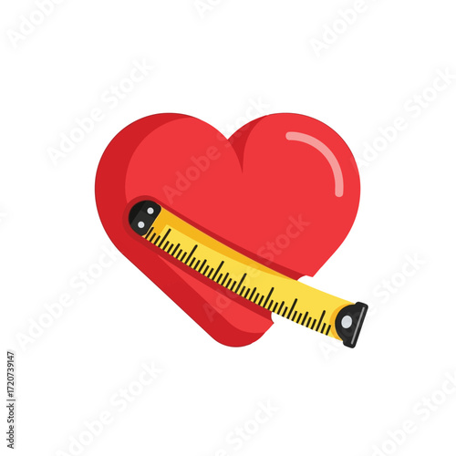 Vector illustration of red heart with a yellow measuring tape wrapped around it, symbolizing health and fitness measurement