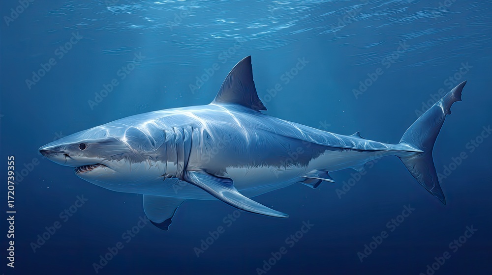 Fototapeta premium Majestic Great White Shark Swimming Gracefully in Crystal Clear Ocean Waters Under Bright Sunlight