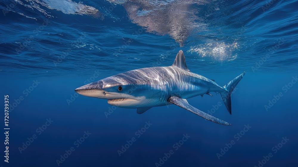 Naklejka premium Graceful Blue Shark Swimming in Clear Ocean Waters Captured with Stunning Detail and Vibrant Colors