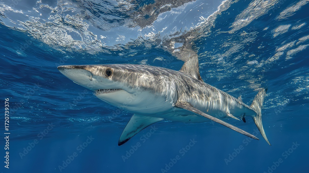 Fototapeta premium Majestic Shark Swimming Gracefully in Clear Tropical Waters Under Bright Sunlight