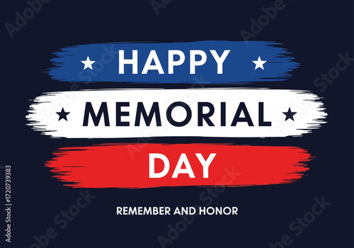 Vector illustration of happy memorial day text with stars and brush strokes on a dark background, remember and honor