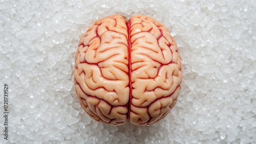 Brain model displayed on a textured surface, showcasing intricate details of its structure.