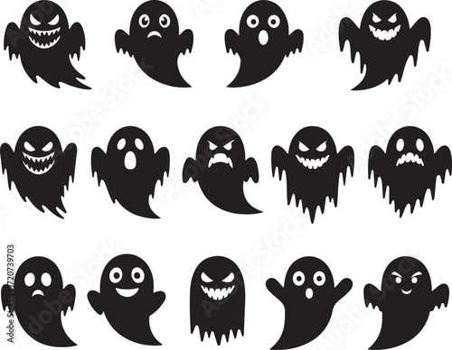 Ghostly Gathering: A collection of spooky yet charming ghostly figures, rendered in stark silhouette. Each with its own unique expression and haunting gaze, embodying the playful spirit of Halloween.