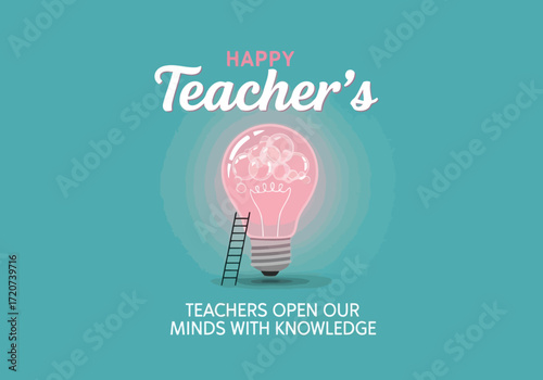 Vector illustration of happy teachers day with a glowing pink light bulb containing a brain and a ladder, symbolizing knowledge and education