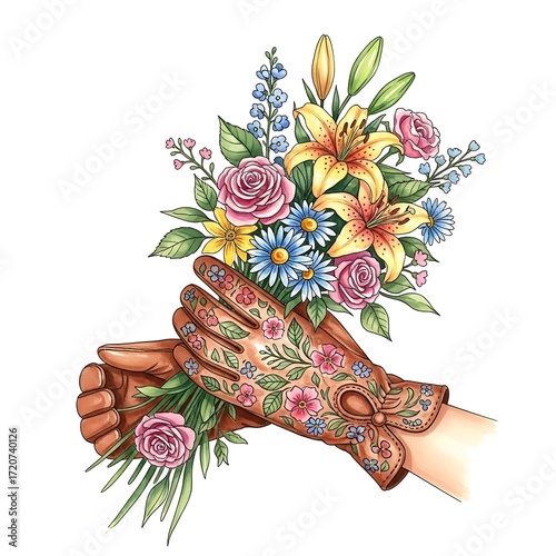 A bouquet of colorful flowers held delicately in ornate leather gardening gloves.
