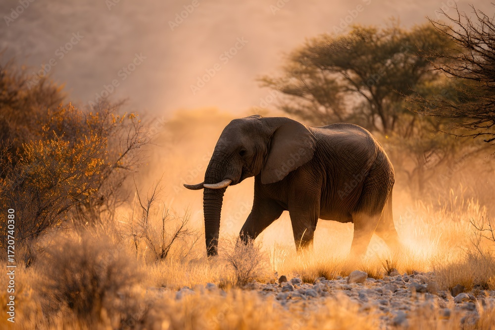 Fototapeta premium A majestic elephant walks through tall golden grass in the African savanna, surrounded by acacia trees during warm sunset light. 