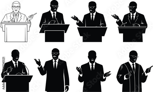 Public speaking silhouette set, black and white, podium gestures, formal attire, expressive poses, vector leadership communication illustration bundle