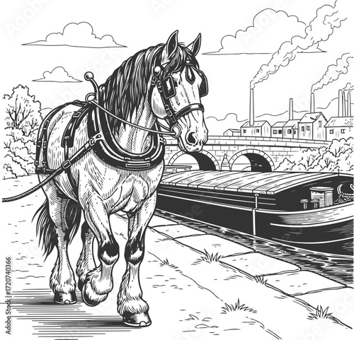 Horse canal boat vintage vector illustration