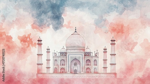 Majestic watercolor of the taj mahal india art piece dreamy atmosphere wide-angle view cultural heritage