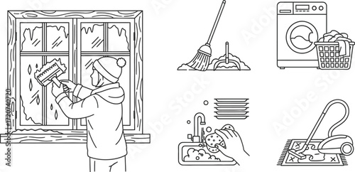 Winter cleaning and household chores line icons set, washing dishes, vacuuming, laundry, sweeping, and washing windows