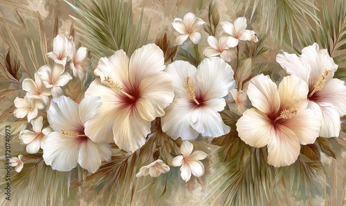 A detailed floral arrangement displays various shades of creamy white hibiscus flowers, accompanied by plumeria blossoms and tropical foliage, creating a serene and delicate composition.