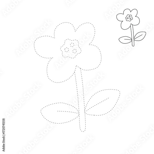 Doodle Flower coloring pages for kids. Trace and color flower. Flower spring garden illustration. Flower tracing worksheet. Kindergarten and preschool activity.