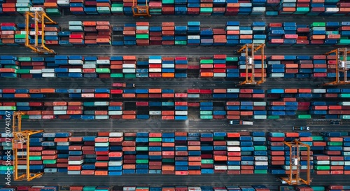 Aerial view of cargo containers in a shipping yard  