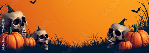 Scary and fun Halloween banner with pumpkins, bats and skulls. Holiday orange background with seasonal mood.