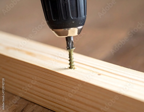 Close-up of a drill driving a screw into wood