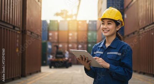 Young Asian woman wearing yellow hard hat and working with tablet in warehouse  