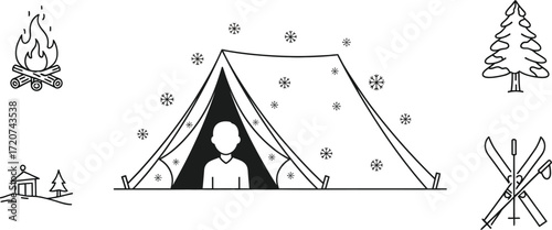 Winter camping scene with tent, campfire, tree, and ski