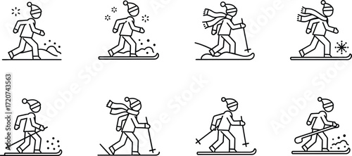 Collection of winter sports and activities icons, man skiing, running, and walking