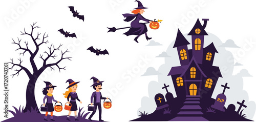 Halloween night vector illustration with haunted house editable vector